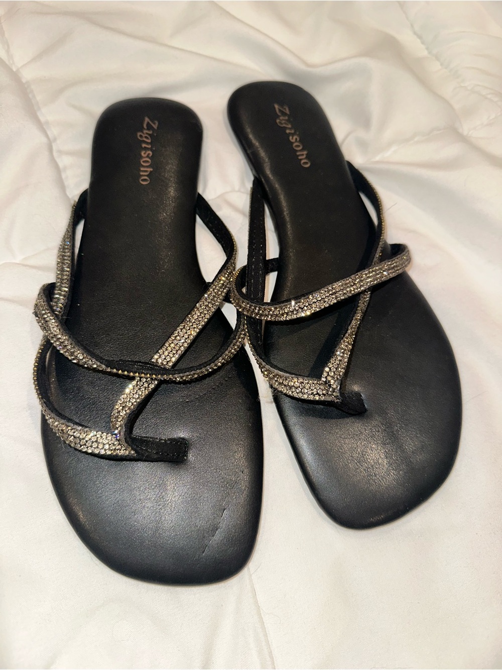 Zigi Soho Black Sandals with Gold Rhinestone Straps
